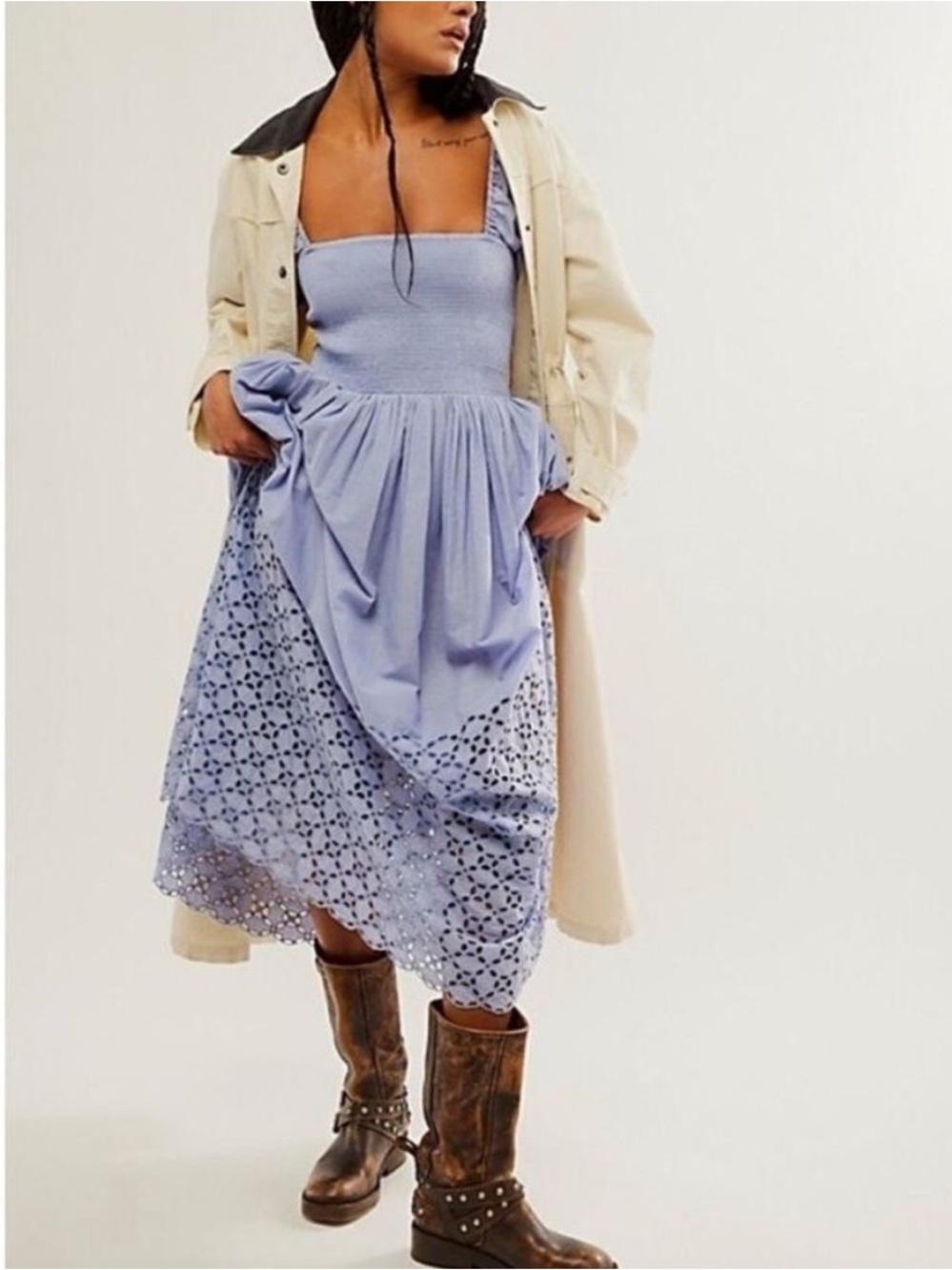 Free People Perfect Storm Eyelet Smocked Midi Dress in Small